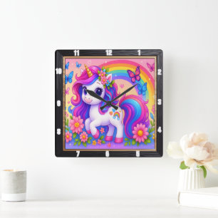 Happy Rainbow Unicorn Quadratische Wanduhr