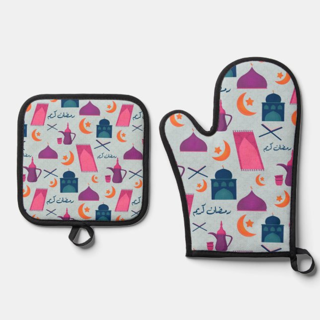 Happy Ramadan Pattern Ofenhandschuh & Topflappen-Set (Vorderseite)