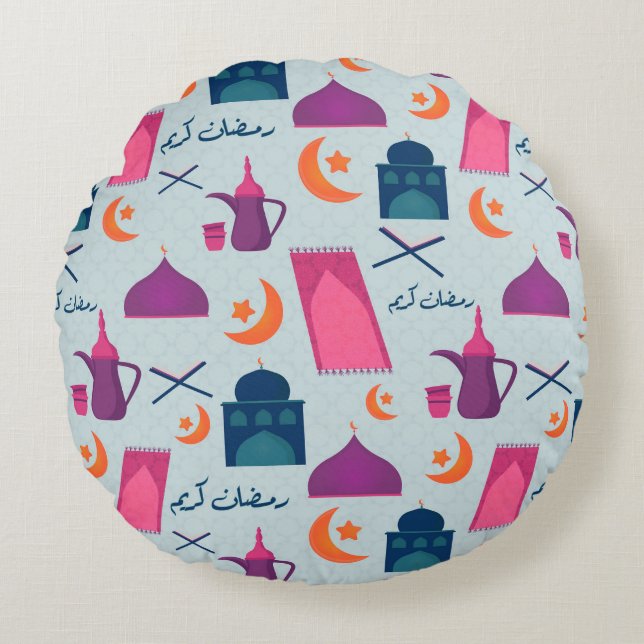 Happy Ramadan Pattern Rundes Kissen (Vorderseite)