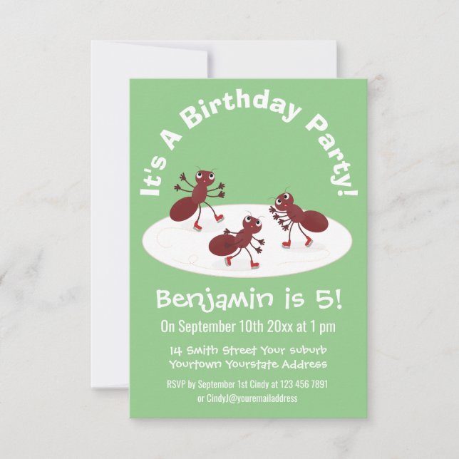 Happy Red Amants Eis Skaten Cartoon Einladung (Vorderseite)