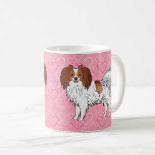 Happy Red and White Phalène Hund auf rosa Herzen Kaffeetasse