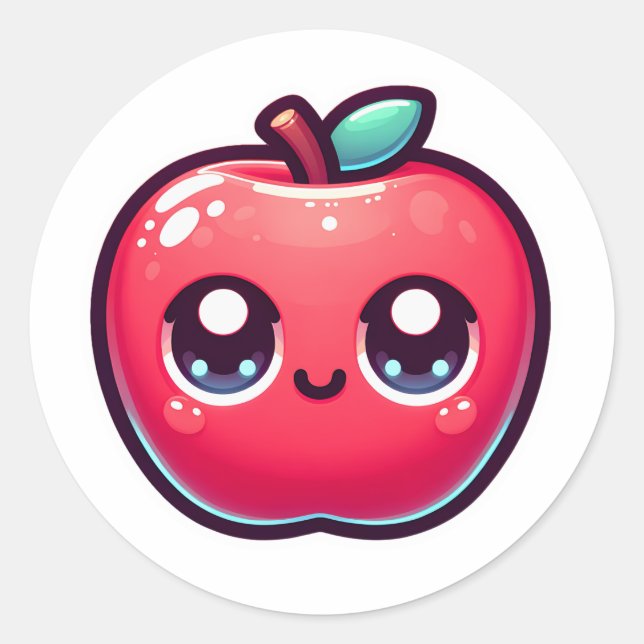 Happy Red Apple im Kawaii Style Runder Aufkleber (Vorderseite)