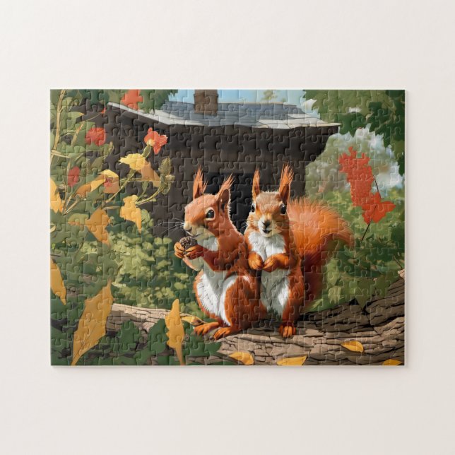 Happy Red Eichhörnchen in einem Baumhaus Puzzle (Horizontal)