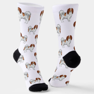 Happy Red White Niedlich Phalène Pattern Dog Lover Socken