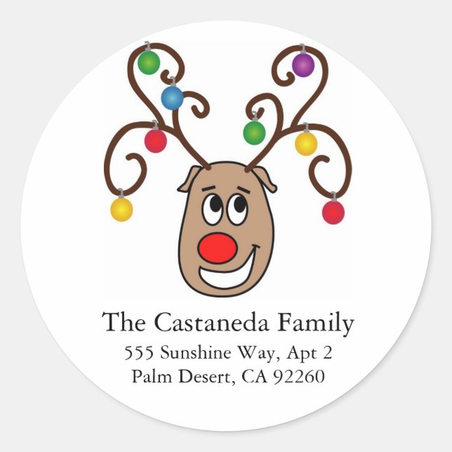Happy Reindeer Address Labels Runder Aufkleber (Vorderseite)