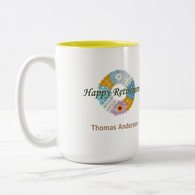 Happy-Rente-Geschenk Zwei-Tone-Kaffee-Tasse Zweifarbige Tasse (Links)