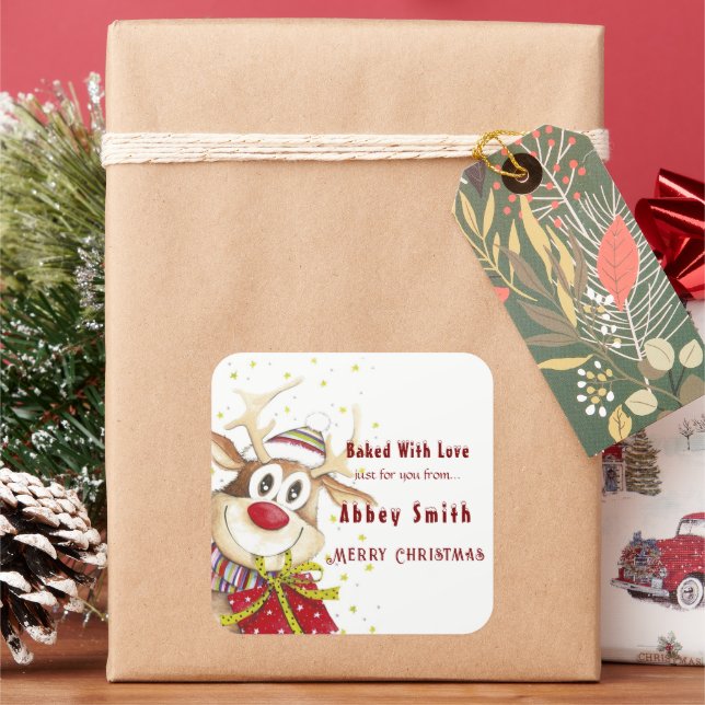 Happy Rentier Weihnachtskekse Bonbons & Leckereien Quadratischer Aufkleber (Feiertag)