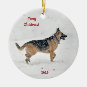 Happy Rescue German Shepherd Hund im Winter Snow Keramik Ornament