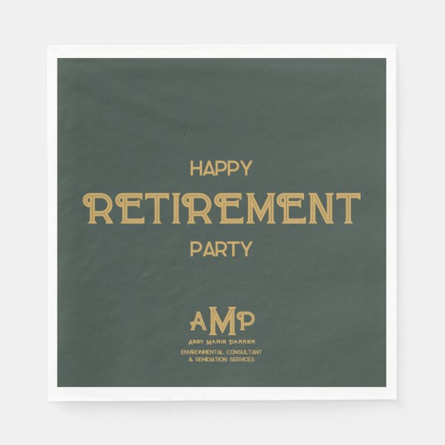 Happy Retirement 3 Letter Gold Monogram on Green Serviette (Vorderseite)