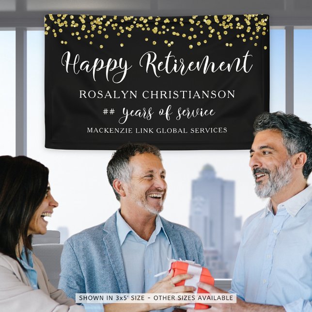 Happy Retirement Black Gold Confetti Skript Banner (Von Creator hochgeladen)