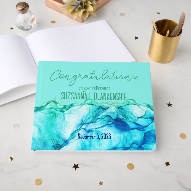 Happy Retirement Blue Green Watercolor Custom Gästebuch (Vorderseite Offen)