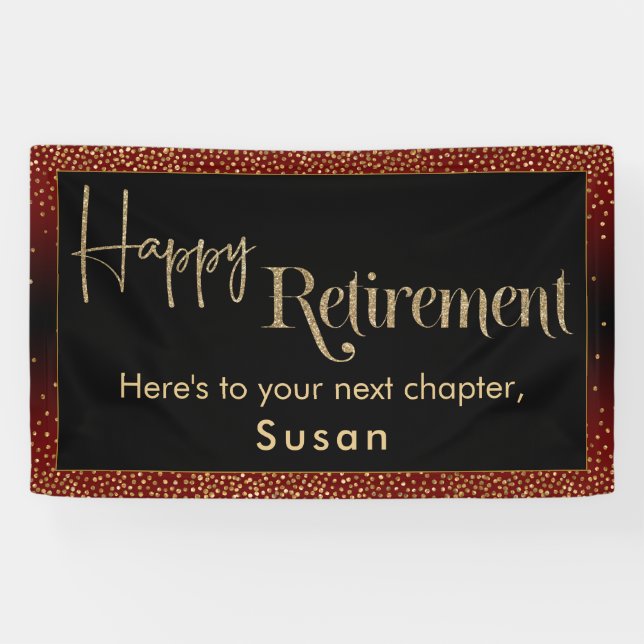 Happy Retirement Gold Confetti, Dark Burgundy Red Banner (Horizontal)