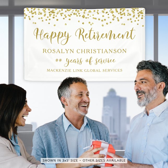 Happy Retirement Gold Confetti Script Personalisie Banner (Von Creator hochgeladen)