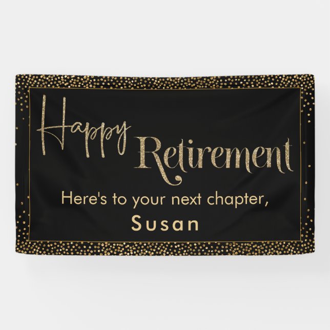 Happy Retirement Gold Glitzer Confetti auf Black Banner (Horizontal)