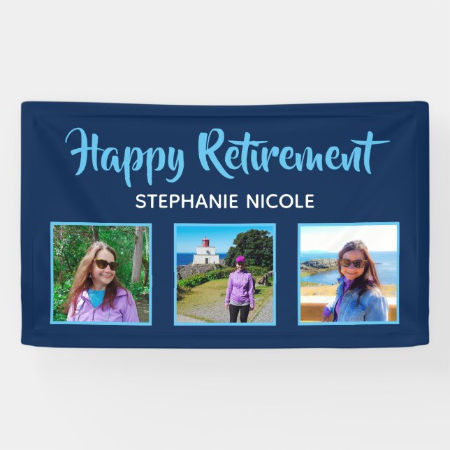 Happy Retirement Navy Blue Mehrere Foto Banner (Horizontal)