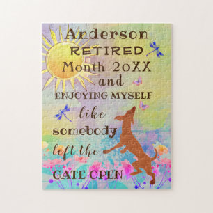 Happy Retirement Niedlich Dancing Dog Jumping mit  Puzzle