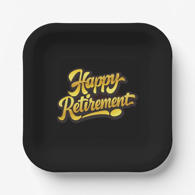 Happy Retirement Paper Plate Pappteller (Black square plate with rounded edges, featuring elegant gold "Happy Retirement"!)