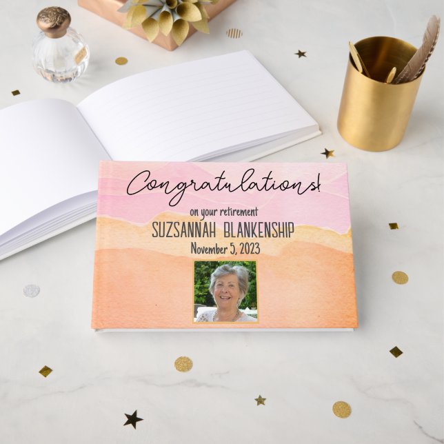 Happy Retirement Pastel Orange Wasserfarbe Custom Gästebuch (Vorderseite Offen)