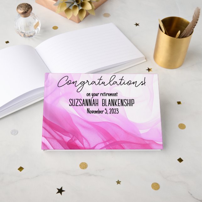 Happy Retirement Pink White Watercolor Custom Gästebuch (Vorderseite Offen)