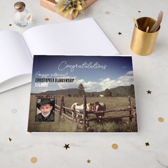 Happy Retirement Rural Scene Horses Foto Custom Gästebuch (Vorderseite Offen)