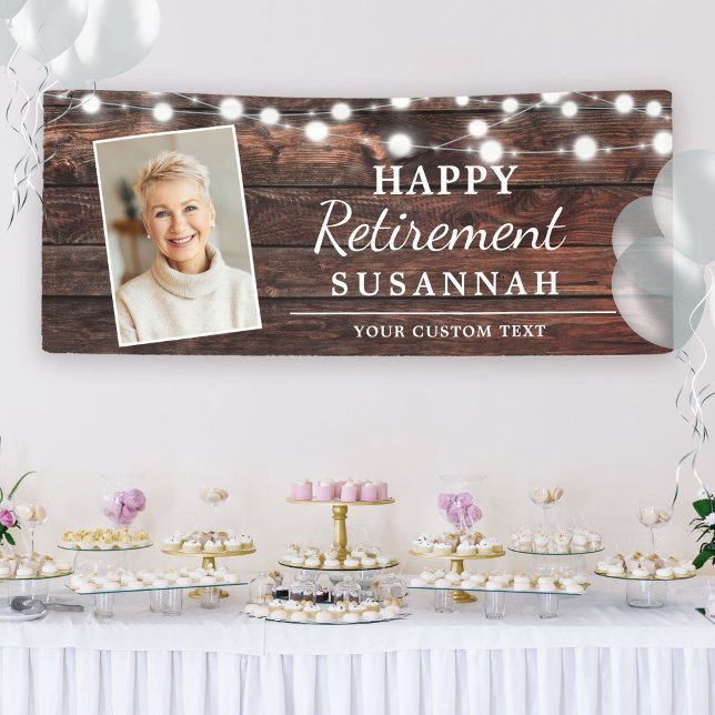 Happy Retirement Rustic Wood String Lights Foto Banner (Von Creator hochgeladen)