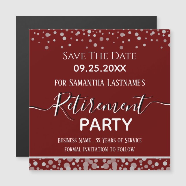 Happy Retirement Silver Confetti Save the Date Magnetkarte (Vorne/Hinten)