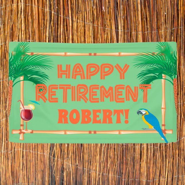 Happy Retirement Tiki Parrot Palm Tree Banner (Von Creator hochgeladen)