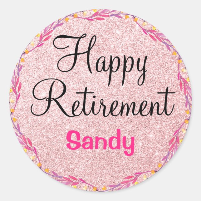 Happy Retirement Wreath Rose Gold Glitzer Glitzern Runder Aufkleber (Vorderseite)