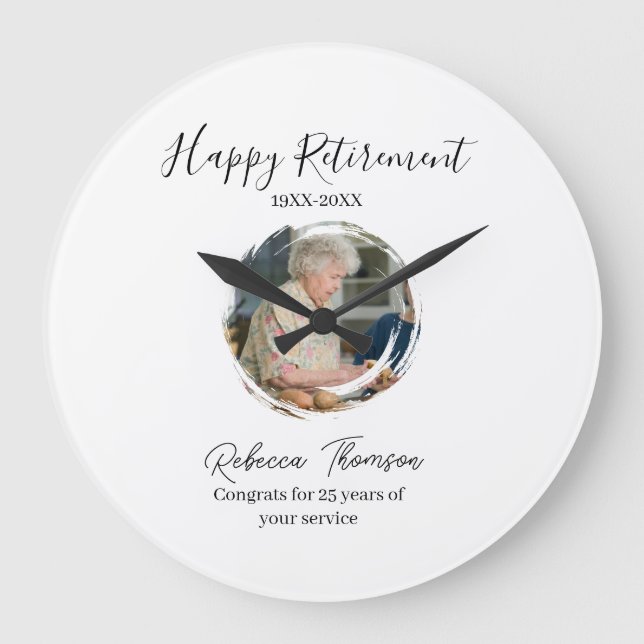 Happy retirement year name circle photo retired große wanduhr (Vorderseite)