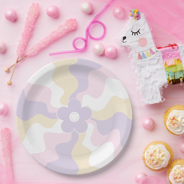 Happy Retro Daisy - Pastellrosa, Gelb und Lila Pappteller (Party)