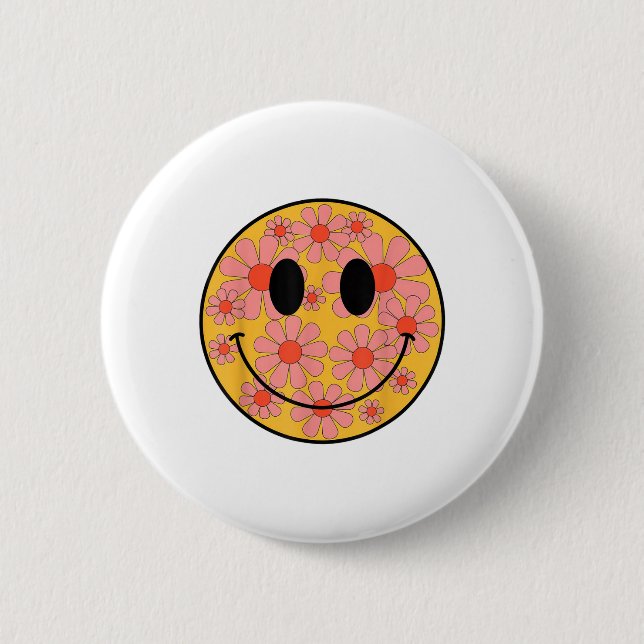 Happy Retro Daisy Smile Face Preppy Ästhetik Männe Button (Vorderseite)