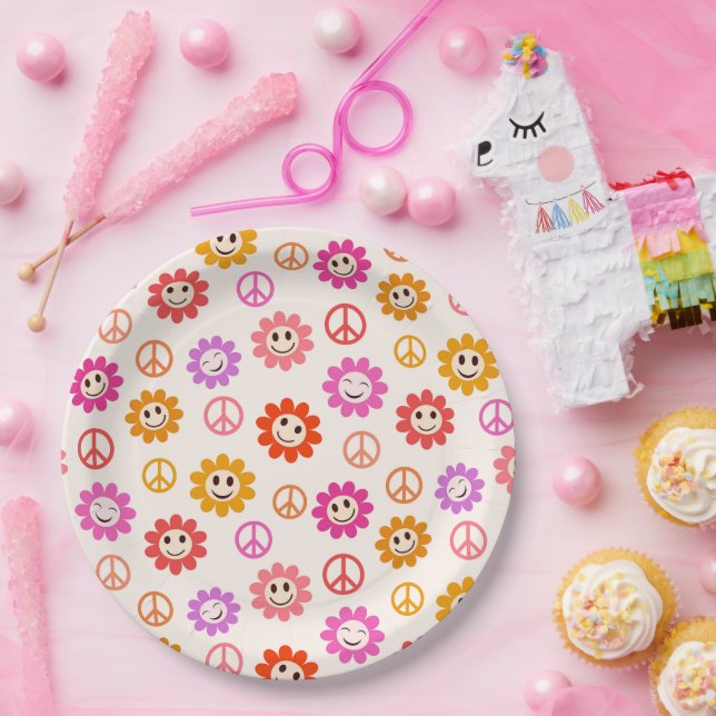 Happy Retro Lächelnde Blume mit Friedenszeichen Pappteller (Party)