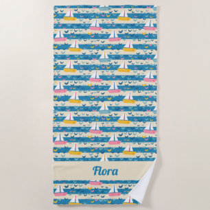 Happy Retro rosa Segelboote auf blauen Streifen Strandtuch