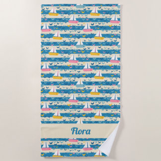 Happy Retro rosa Segelboote auf blauen Streifen Strandtuch