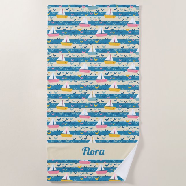 Happy Retro rosa Segelboote auf blauen Streifen Strandtuch (Vorderseite)