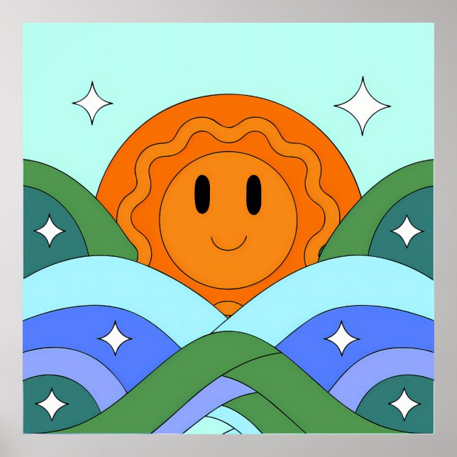 Happy Retro Sun Over Rolling Hills Poster (Vorne)