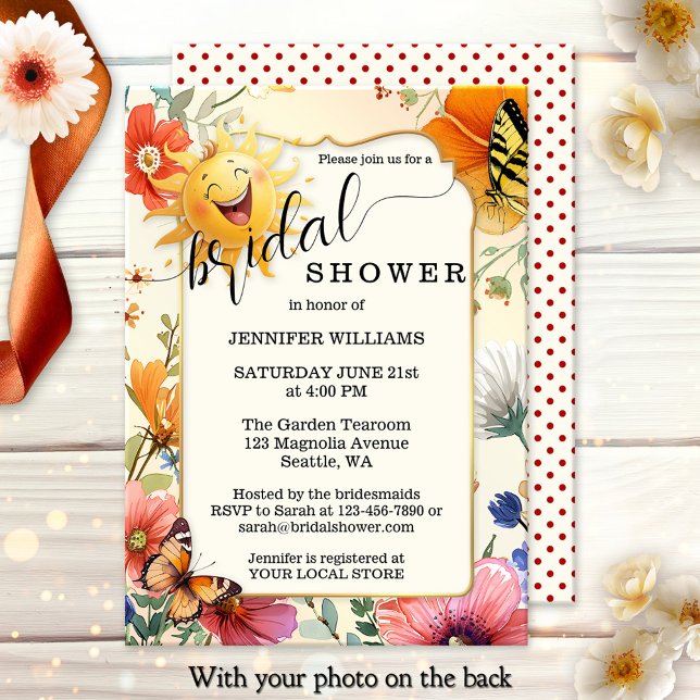 Happy Retro Wildflower Watercolor Bridal Shower Einladung (Bridal shower photo invitation featuring watercolor wildflowers and a happy laughing sun)