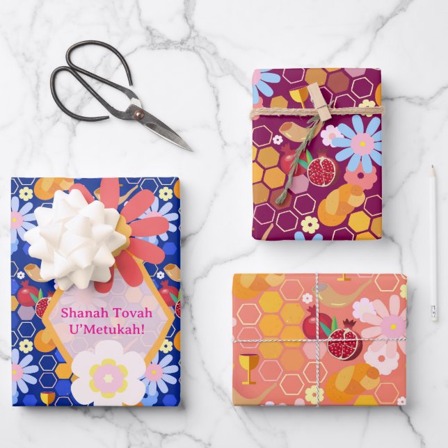 Happy Rosh Hashanah Jüdische Neujahrsmuster Geschenkpapier Set (Vorderseite)