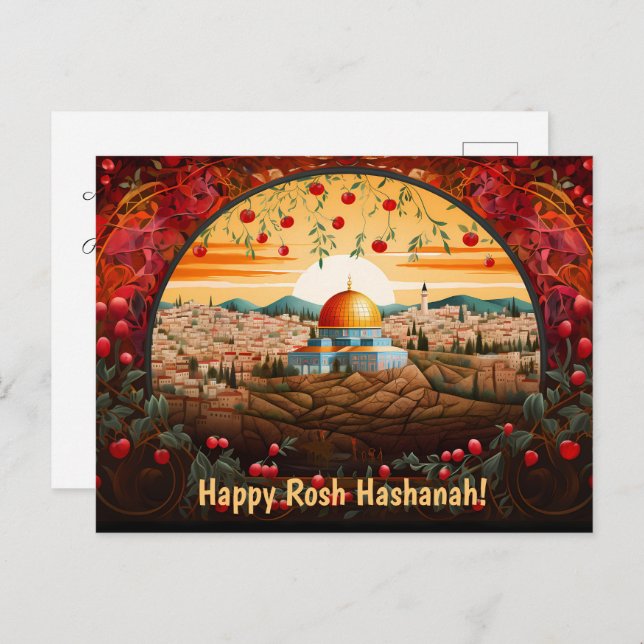 Happy Rosh Hashanah mit Kuppel aus Rock & Äpfeln Postkarte (Vorne/Hinten)