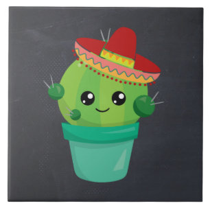 Happy Round Cactus Wear a Red Sombrero Fliese