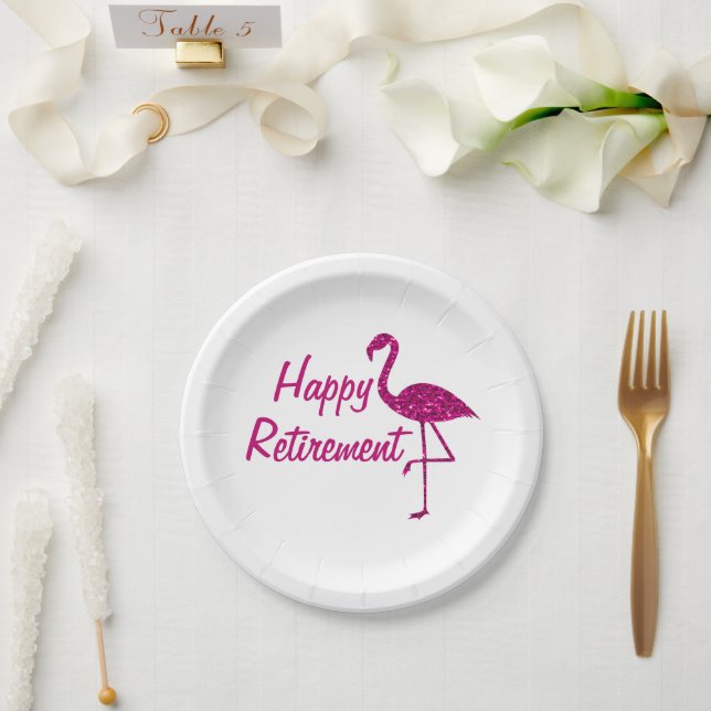 Happy Ruhestand funkelnd rosa Flamingo Custom text Pappteller (Hochzeit)