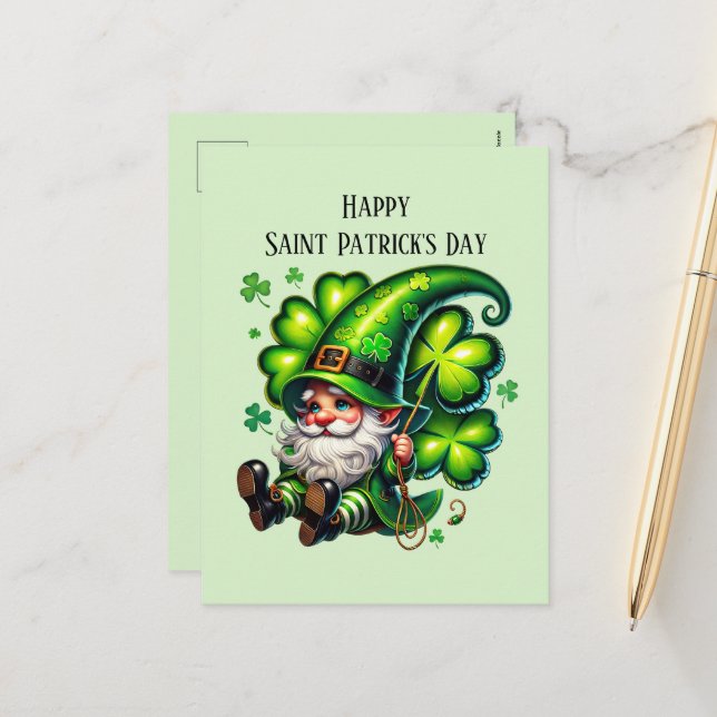 Happy Saint Patrick's Day gnome Feiertagspostkarte (Vorderseite/Rückseite Beispiel)