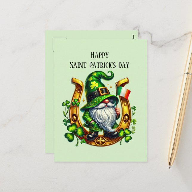 Happy Saint Patrick's Day gnome Feiertagspostkarte (Vorderseite/Rückseite Beispiel)
