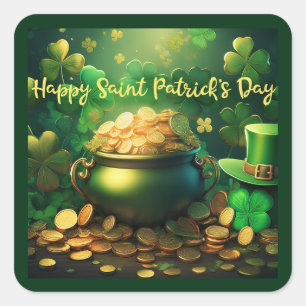 Happy Saint Patrick's Day Pot of Gold Coins Quadratischer Aufkleber