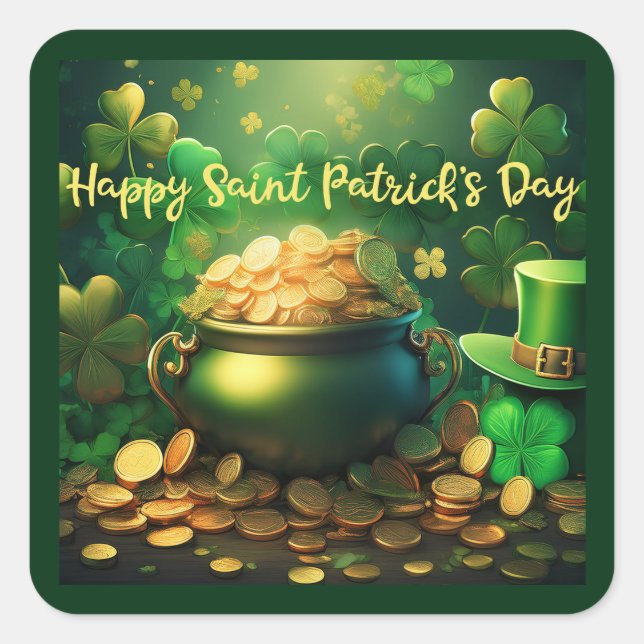 Happy Saint Patrick's Day Pot of Gold Coins Quadratischer Aufkleber (Vorderseite)