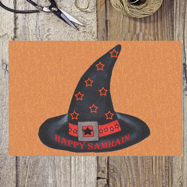 Happy Samhain Hexenhut Stars Magic Wiccan Seidenpapier (Black witch hat orange stars silver buckle on Happy Samhain orange tissue wrap paper.)