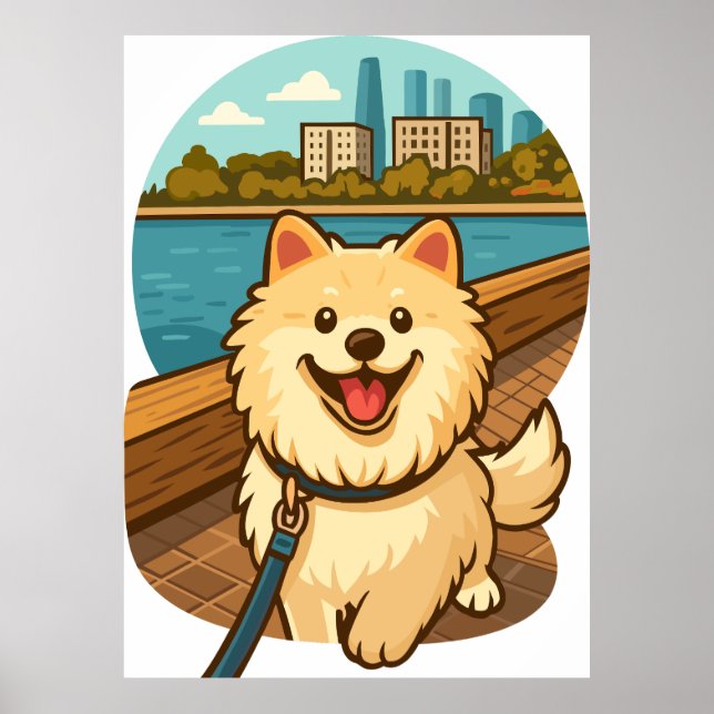 Happy Samoyed Walk by the City Waterfront Poster (Vorne)