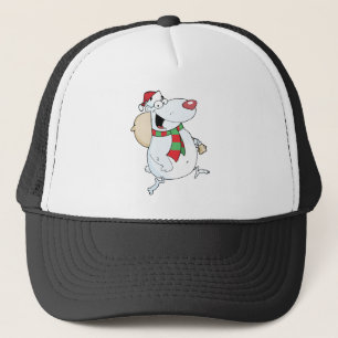 Happy Santa Bear läuft mit Tasche Truckerkappe