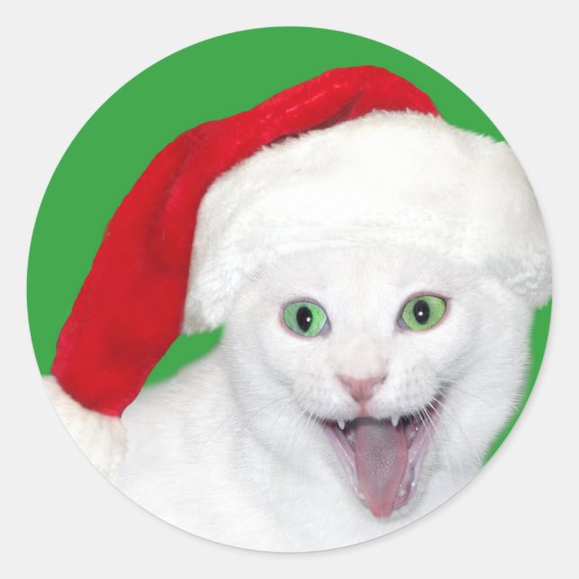 Happy Santa Cat Runder Aufkleber (Vorderseite)