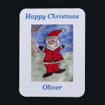 Happy Santa Christmas Magnet<br><div class="desc">Warum der Weihnachtsmann so aufgeregt ist, dass Weihnachten kommt, winkt er in Begeisterung mit den Armen in der Luft. Er hat auf seinem besten Rotsamt Santa Anzug und Hut, die lebendigen Farben einen großen Kontrast zu den blauen des Himmels im Hintergrund. Dieses fröhliche und festliche Weihnachtsdesign des Vaters bricht mit...</div>